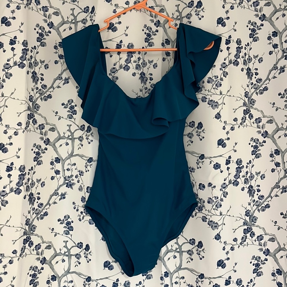 Time and Tru teal off the shoulder one piece swimsuit